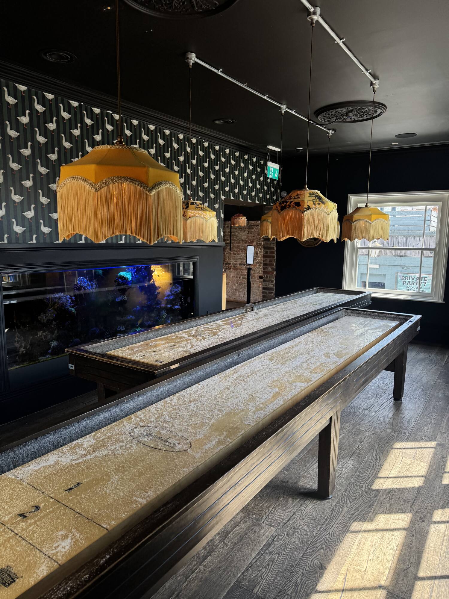 A shuffleboard lane in daylight beside a glowing fish tank